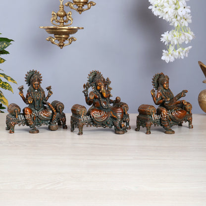 Brass Superfine Ganesha, lakshmi, Saraswati on thrones idols 4 and 5.5 inch chola bronze tone - Budhshiv.com