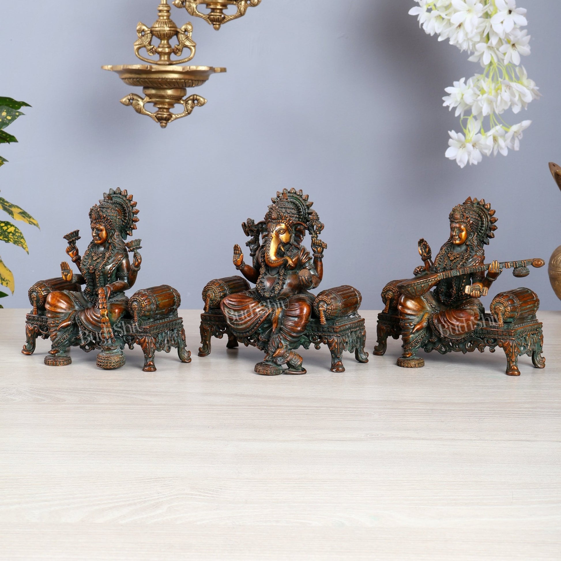 Brass Superfine Ganesha, lakshmi, Saraswati on thrones idols 4 and 5.5 inch chola bronze tone - Budhshiv.com