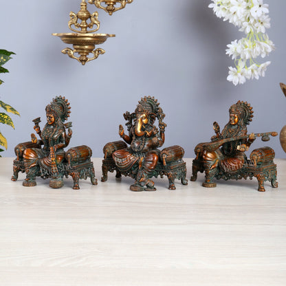 Brass Superfine Ganesha, lakshmi, Saraswati on thrones idols 4 and 5.5 inch chola bronze tone - Budhshiv.com