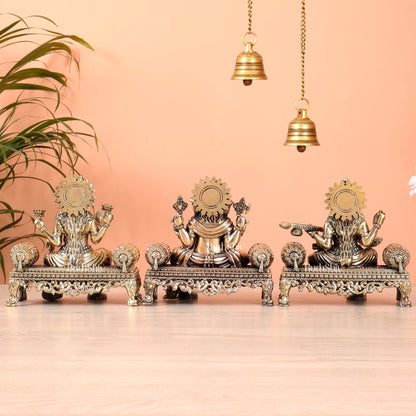 Brass Superfine Ganesha, lakshmi, Saraswati on thrones idols 4 and 5.5 inch - Budhshiv.com