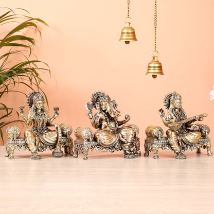 Brass Superfine Ganesha, lakshmi, Saraswati on thrones idols 4 and 5.5 inch - Budhshiv.com