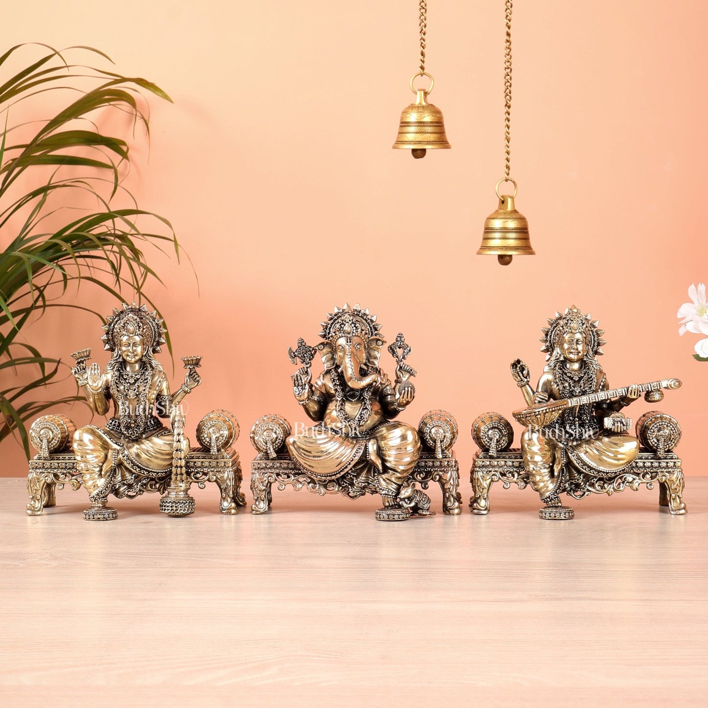 Brass Superfine Ganesha, lakshmi, Saraswati on thrones idols 4 and 5.5 inch - Budhshiv.com