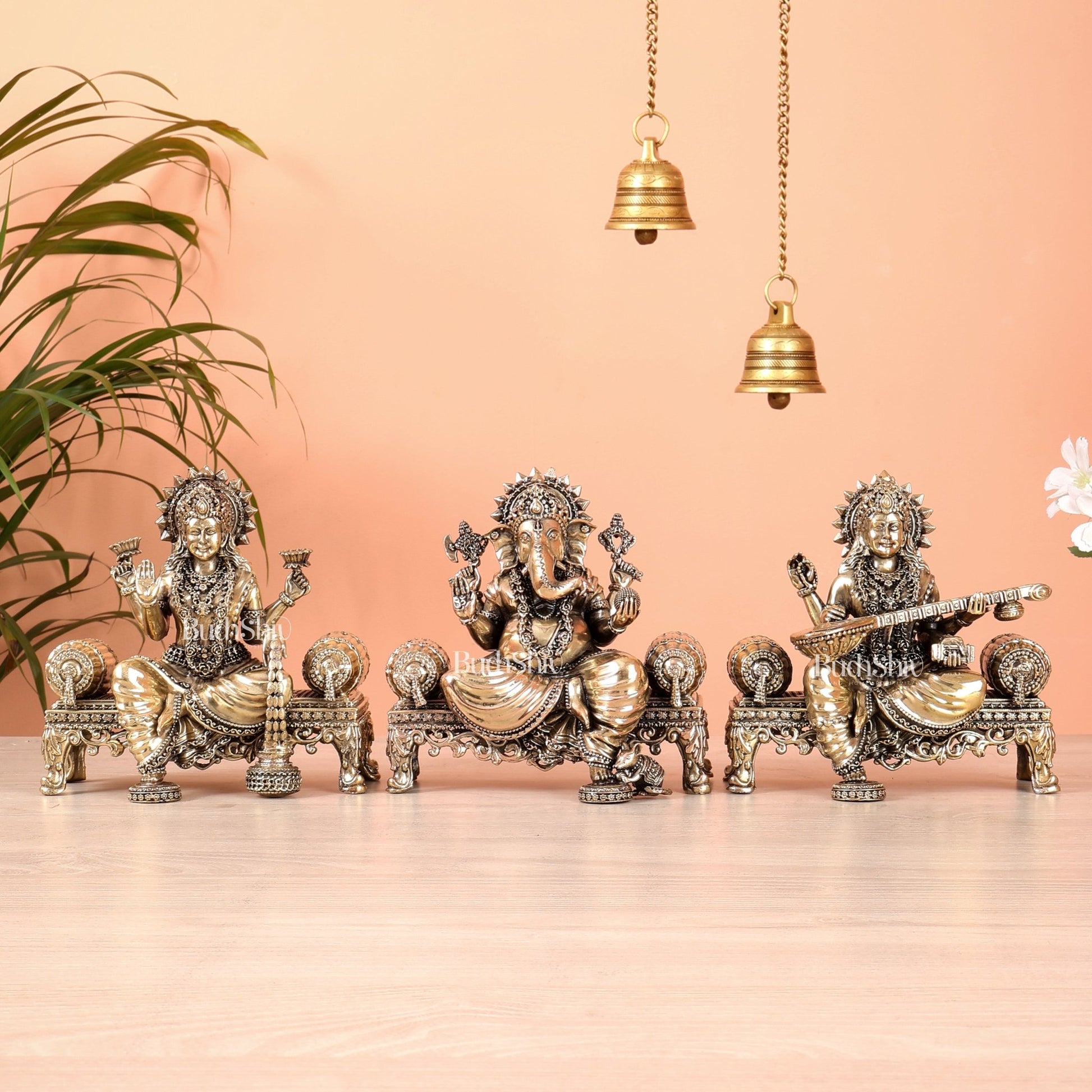 Brass Superfine Ganesha, lakshmi, Saraswati on thrones idols 4 and 5.5 inch - Budhshiv.com