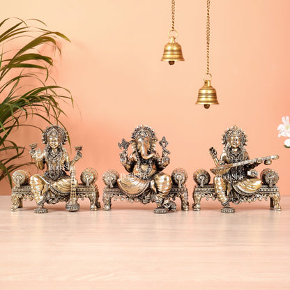 Brass Superfine Ganesha, lakshmi, Saraswati on thrones idols 4 and 5.5 inch - Budhshiv.com