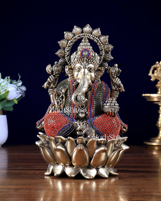 Brass Superfine Ganesha on Lotus Idol with Unique Jewellery Work – 8 Inch | BudhShiv - Budhshiv.com
