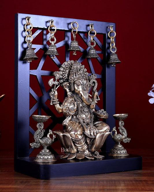 Brass Superfine Ganesha on Lotus with Annam Lamps & Hanging Bells 12 inch - Budhshiv.com