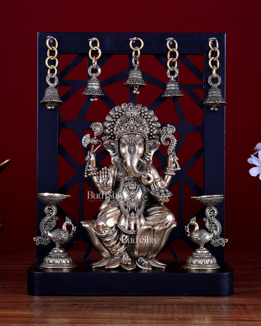 Brass Superfine Ganesha on Lotus with Annam Lamps & Hanging Bells 12 inch - Budhshiv.com