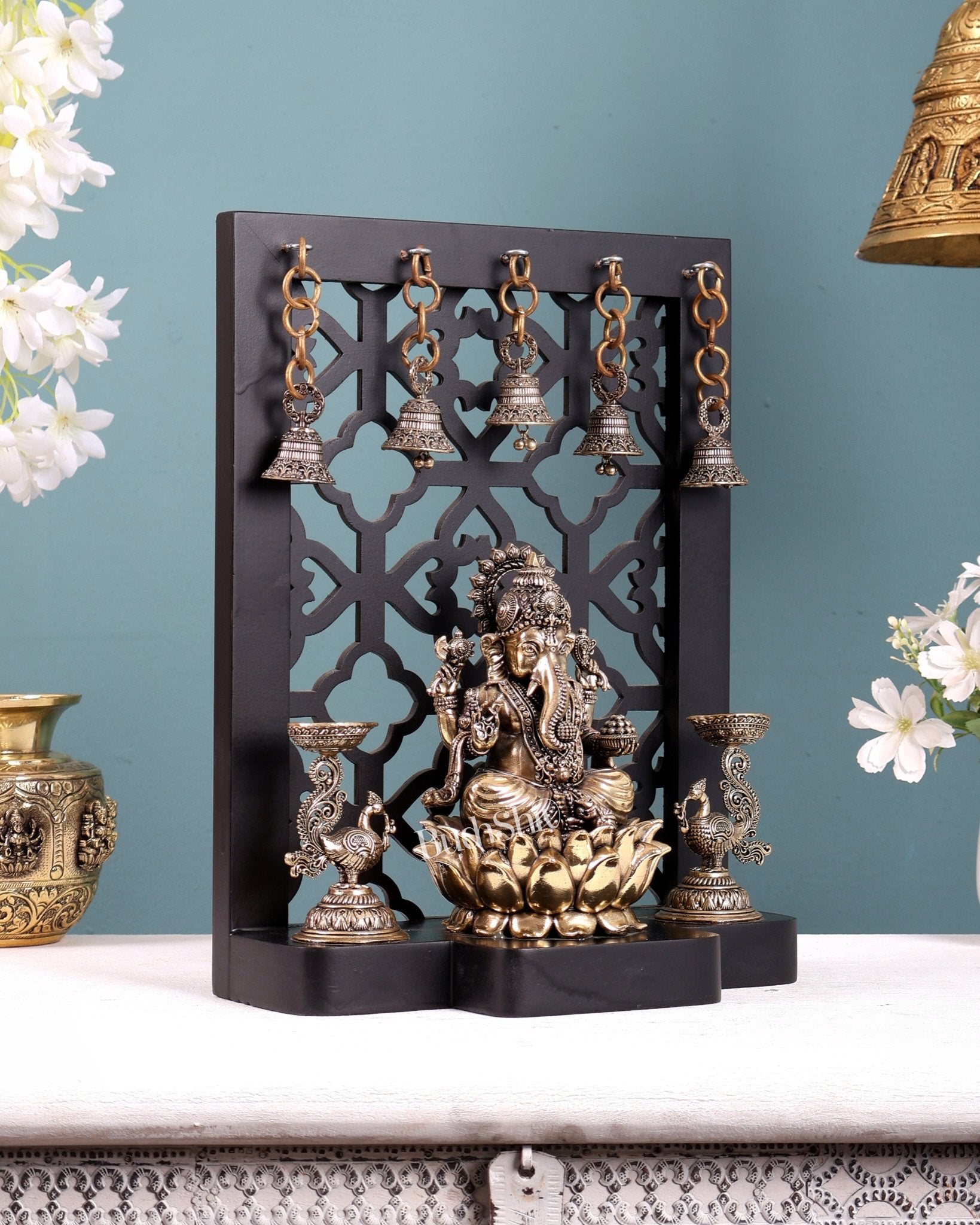 Brass Superfine Ganesha on Lotus with Annam Lamps & Hanging Bells 12 inch - Budhshiv.com