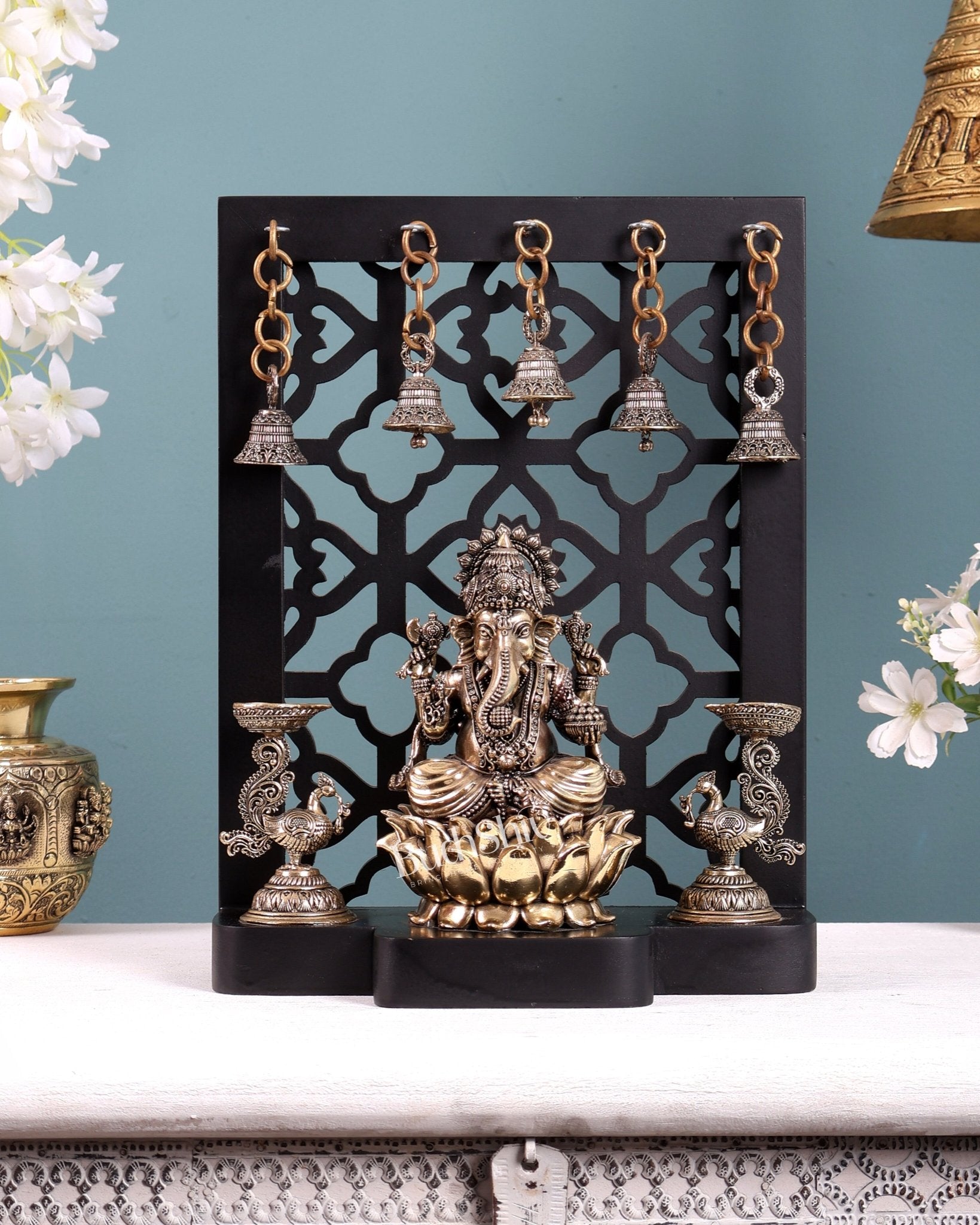 Brass Superfine Ganesha on Lotus with Annam Lamps & Hanging Bells 12 inch - Budhshiv.com