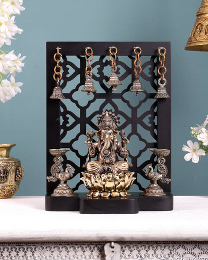 Brass Superfine Ganesha on Lotus with Annam Lamps & Hanging Bells 12 inch - Budhshiv.com