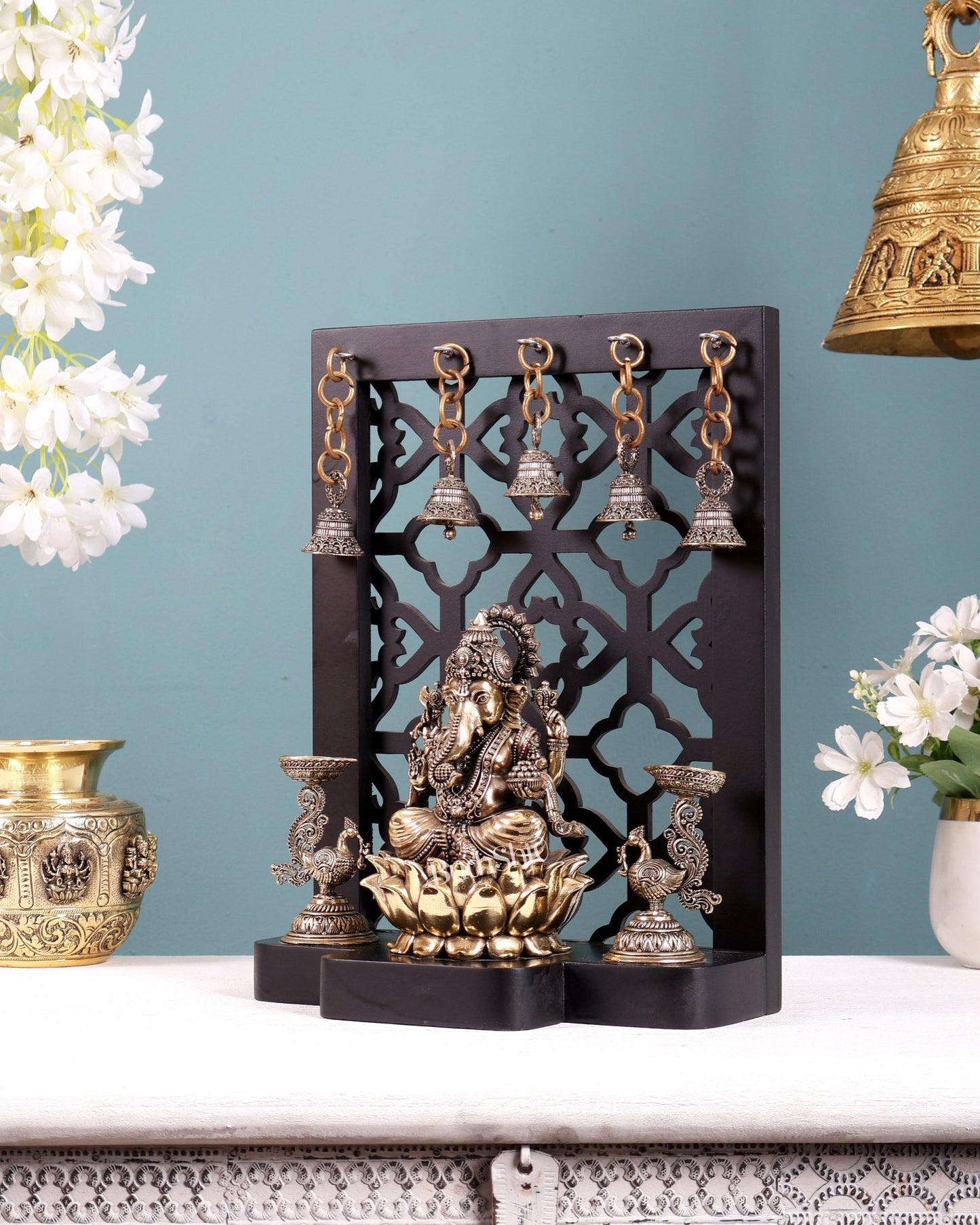 Brass Superfine Ganesha on Lotus with Annam Lamps & Hanging Bells 12 inch - Budhshiv.com