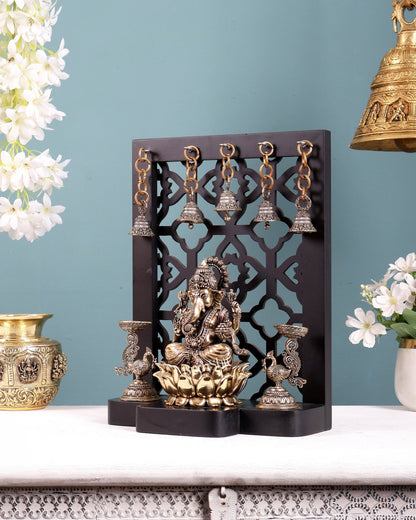 Brass Superfine Ganesha on Lotus with Annam Lamps & Hanging Bells 12 inch - Budhshiv.com