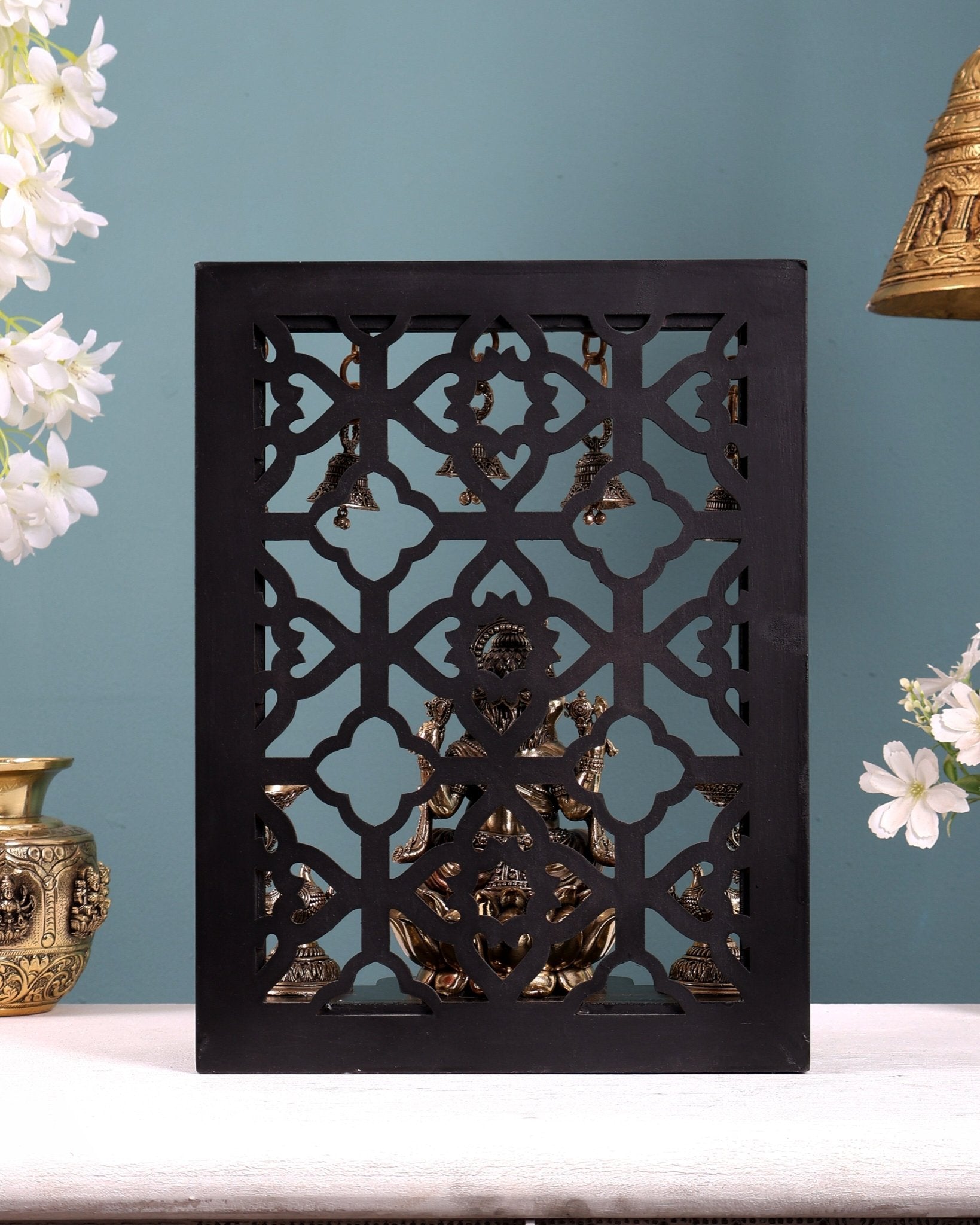 Brass Superfine Ganesha on Lotus with Annam Lamps & Hanging Bells 12 inch - Budhshiv.com