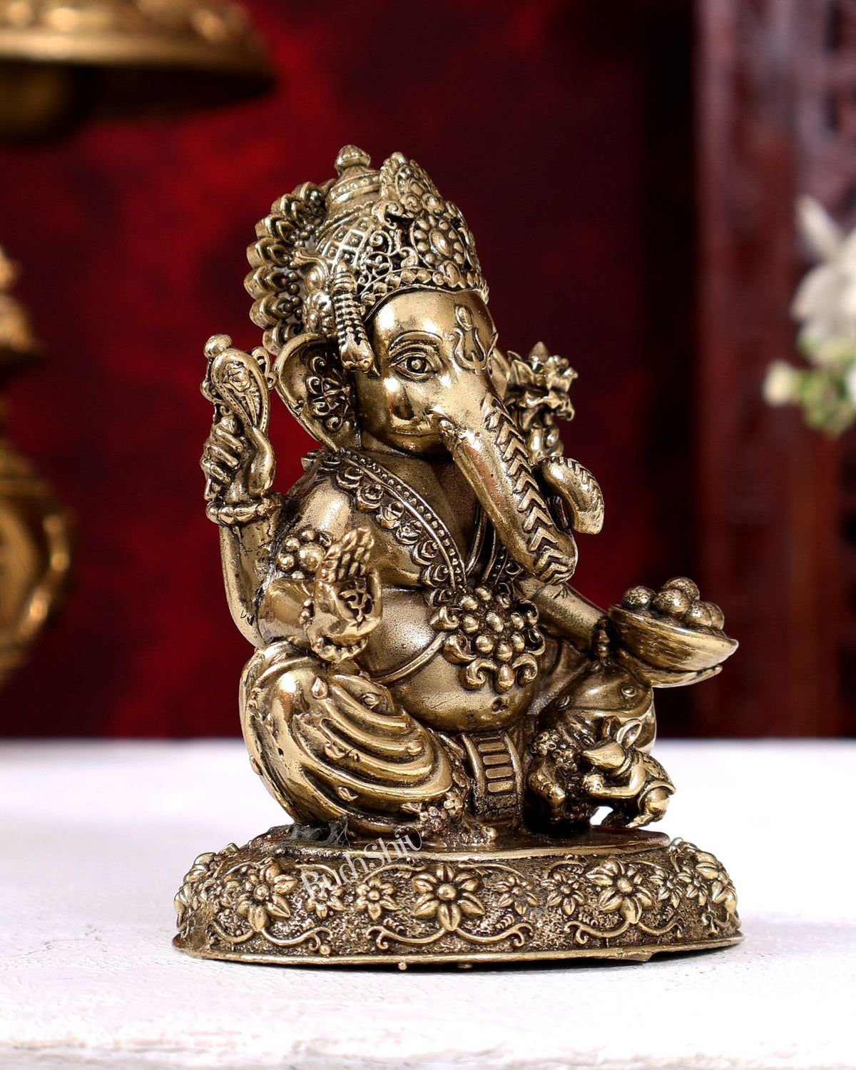 Brass Superfine Ganesha on Round Base — Intricate Idol 4 inch - Budhshiv.com