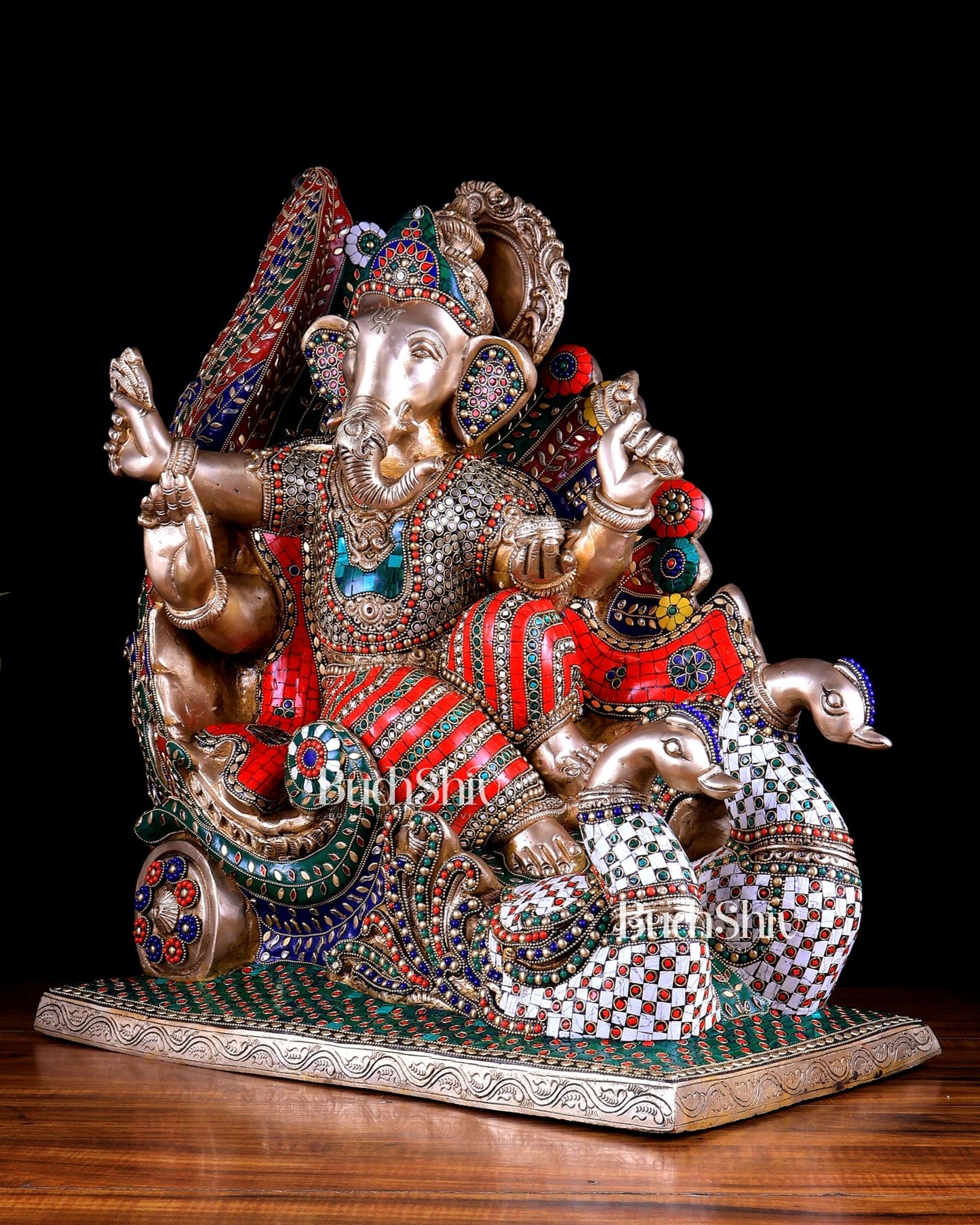 Brass Superfine Ganesha on Swan Chariot statue - 21.5 Inch Stonework - Budhshiv.com