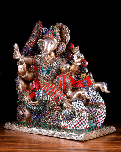 Brass Superfine Ganesha on Swan Chariot statue - 21.5 Inch Stonework - Budhshiv.com