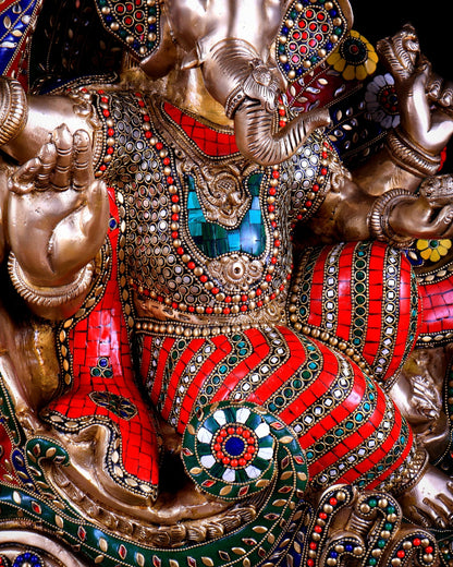 Brass Superfine Ganesha on Swan Chariot statue - 21.5 Inch Stonework - Budhshiv.com