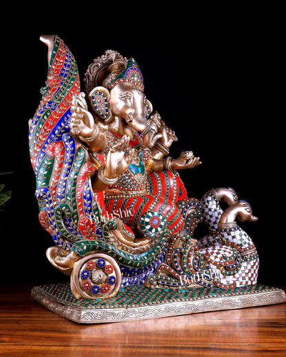Brass Superfine Ganesha on Swan Chariot statue - 21.5 Inch Stonework - Budhshiv.com