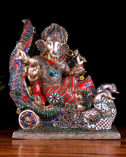 Brass Superfine Ganesha on Swan Chariot statue - 21.5 Inch Stonework - Budhshiv.com