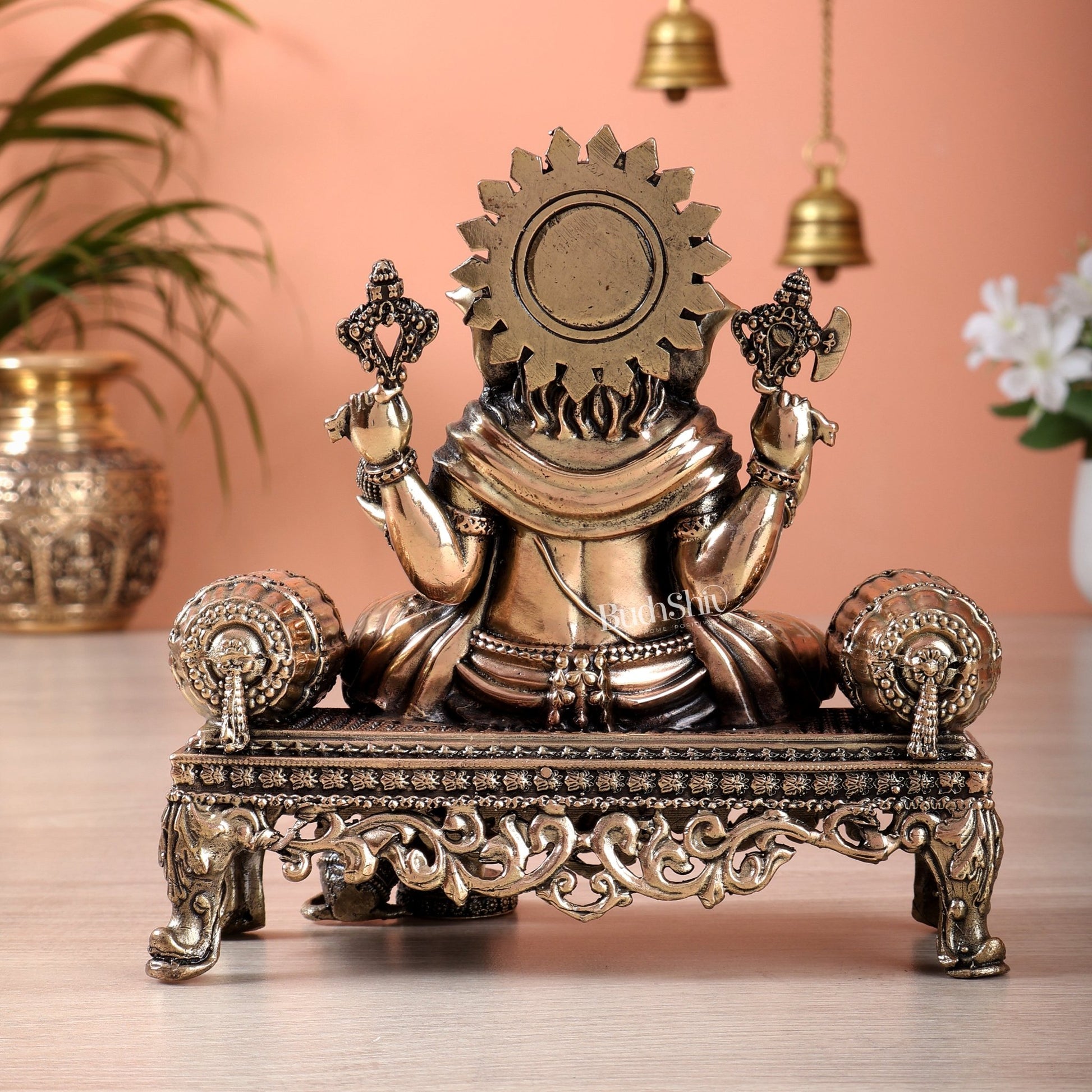 Brass Superfine Ganesha on throne idol 4 and 5.5 inch - Budhshiv.com