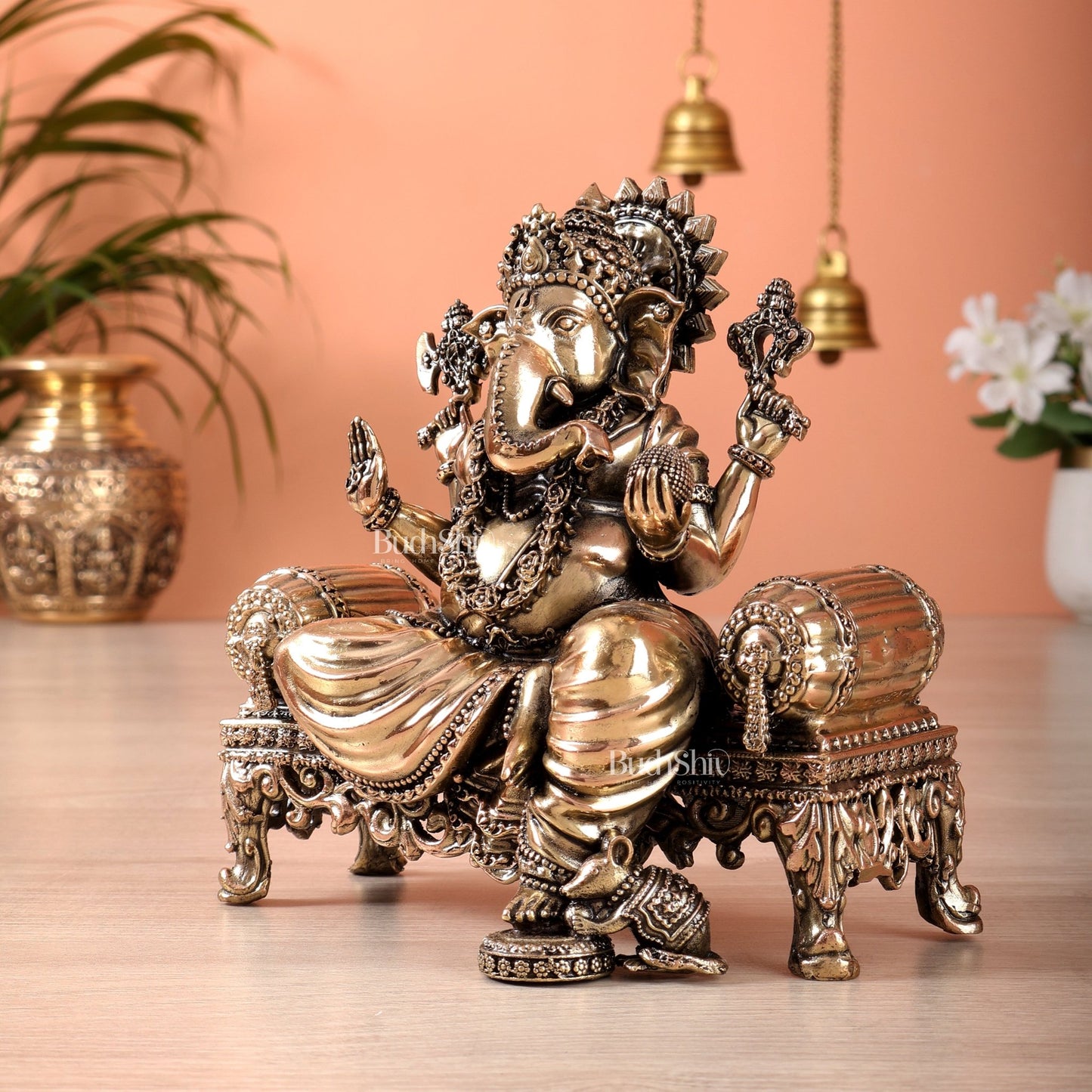 Brass Superfine Ganesha on throne idol 4 and 5.5 inch - Budhshiv.com