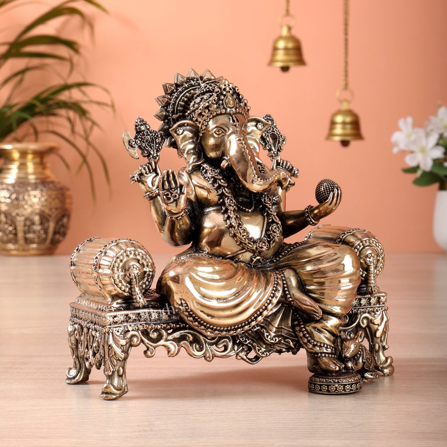 Brass Superfine Ganesha on throne idol 4 and 5.5 inch - Budhshiv.com