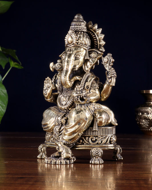 Brass Superfine Ganesha Seated on Throne Idol 6 inch - Budhshiv.com