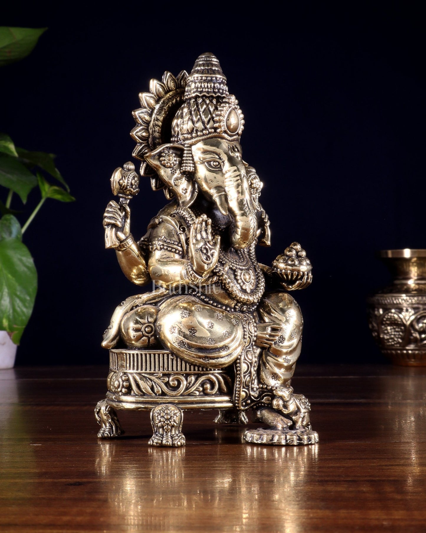 Brass Superfine Ganesha Seated on Throne Idol 6 inch - Budhshiv.com