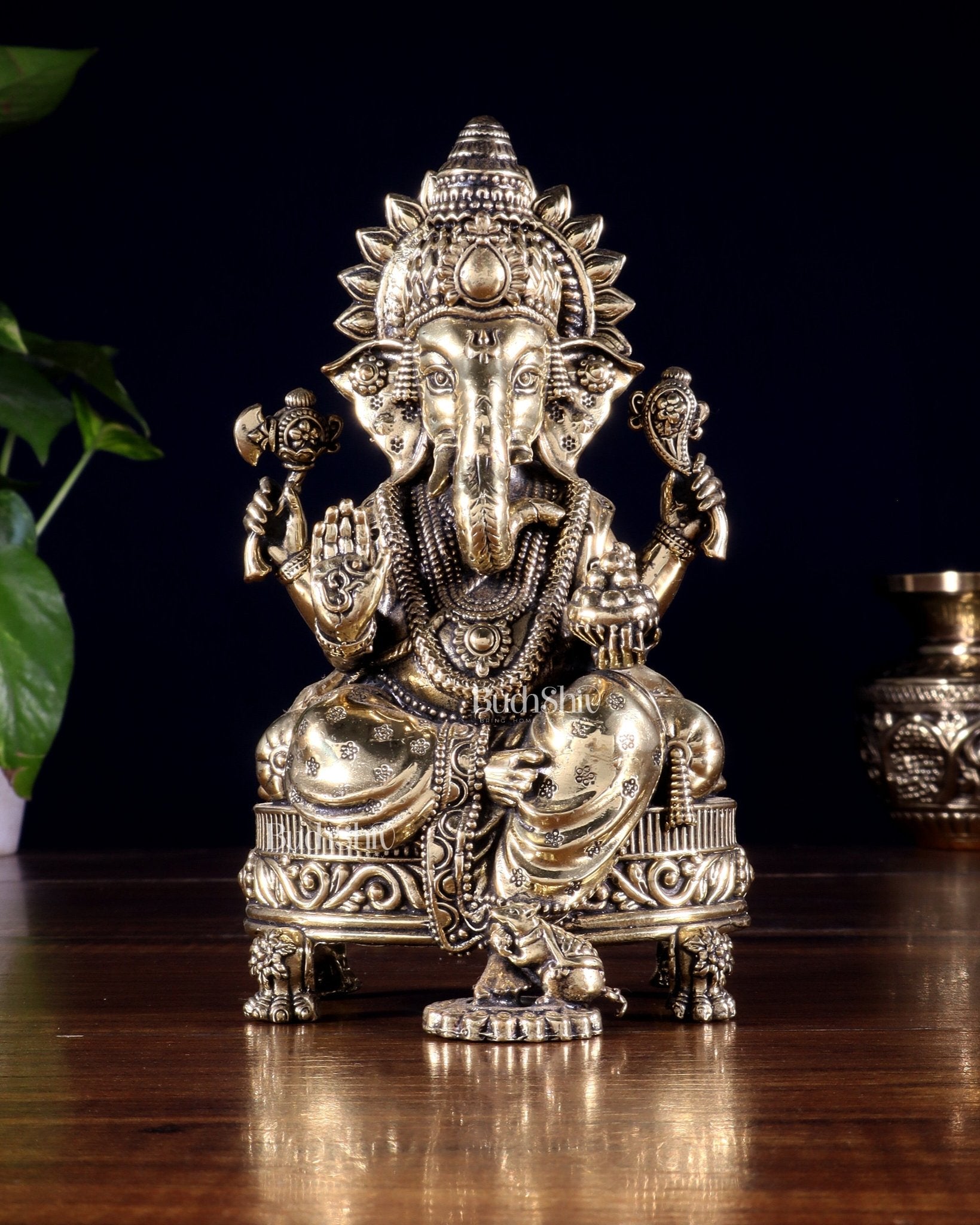 Brass Superfine Ganesha Seated on Throne Idol 6 inch - Budhshiv.com