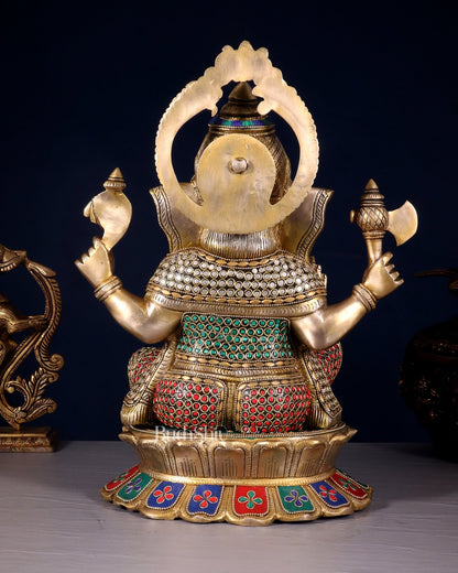 Brass Superfine Ganesha Statue on Lotus Base - 15 Inch multicolour - Budhshiv.com