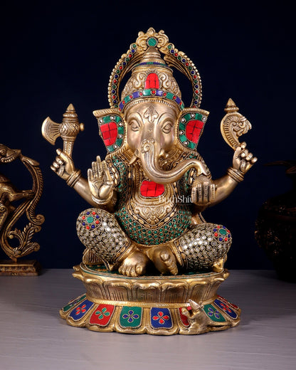 Brass Superfine Ganesha Statue on Lotus Base - 15 Inch multicolour - Budhshiv.com