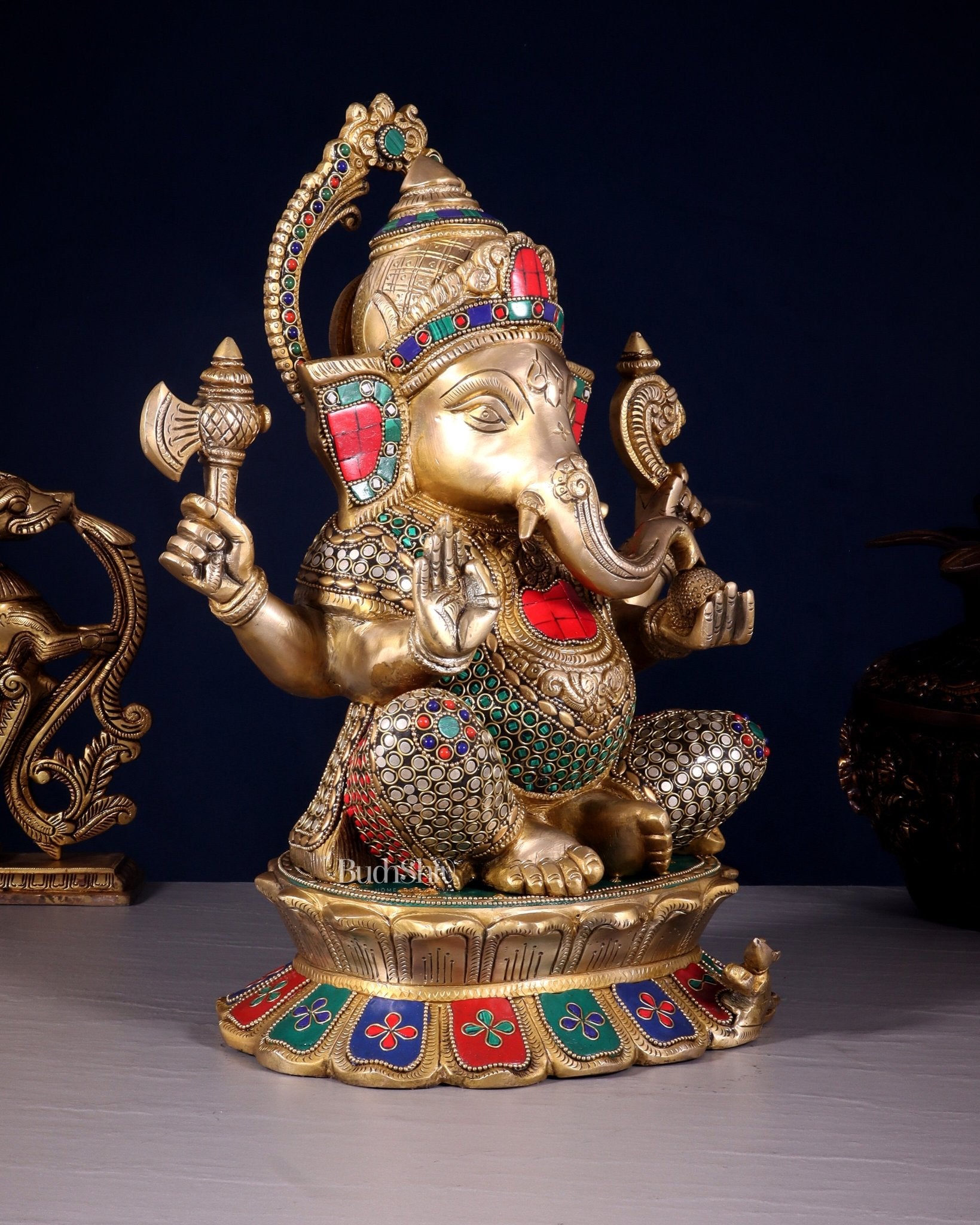 Brass Superfine Ganesha Statue on Lotus Base - 15 Inch multicolour - Budhshiv.com