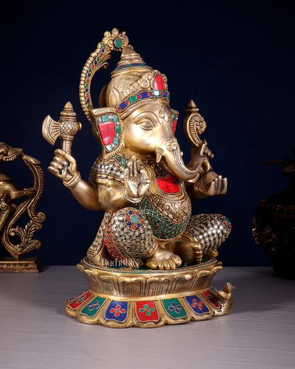 Brass Superfine Ganesha Statue on Lotus Base - 15 Inch multicolour - Budhshiv.com