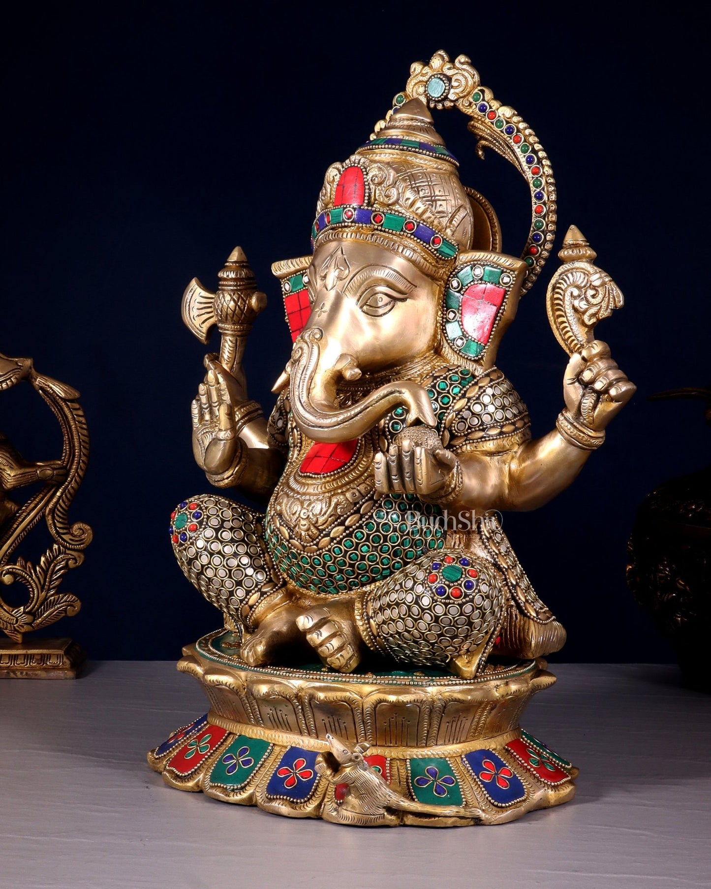 Brass Superfine Ganesha Statue on Lotus Base - 15 Inch multicolour - Budhshiv.com