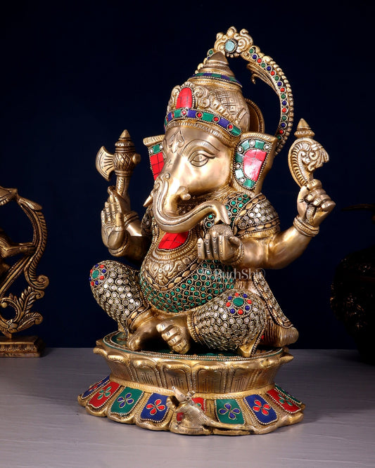 Brass Superfine Ganesha Statue on Lotus Base - 15 Inch multicolour - Budhshiv.com