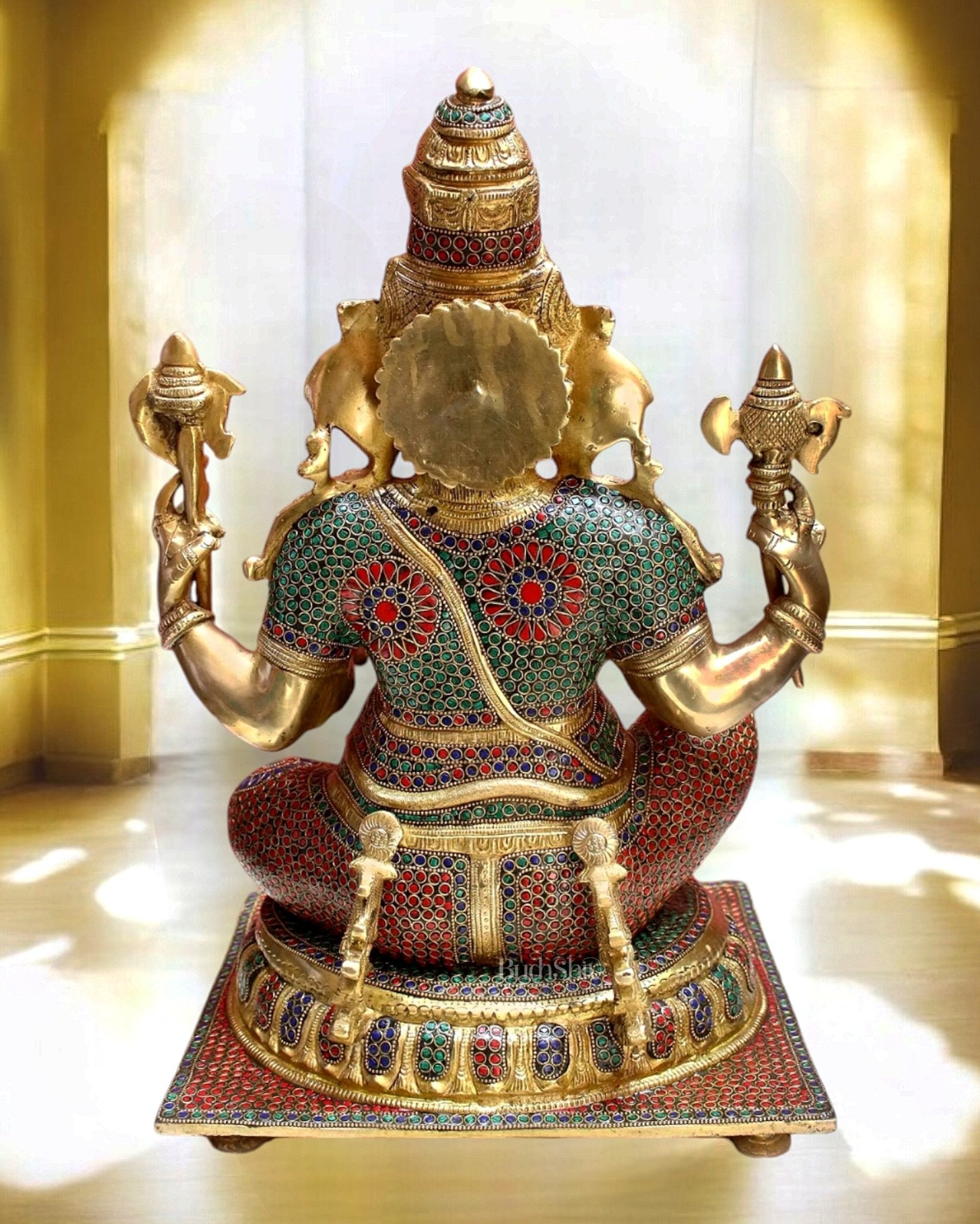 Brass Superfine Ganesha Statue with Sharp Features & Stonework - 20" height - Budhshiv.com