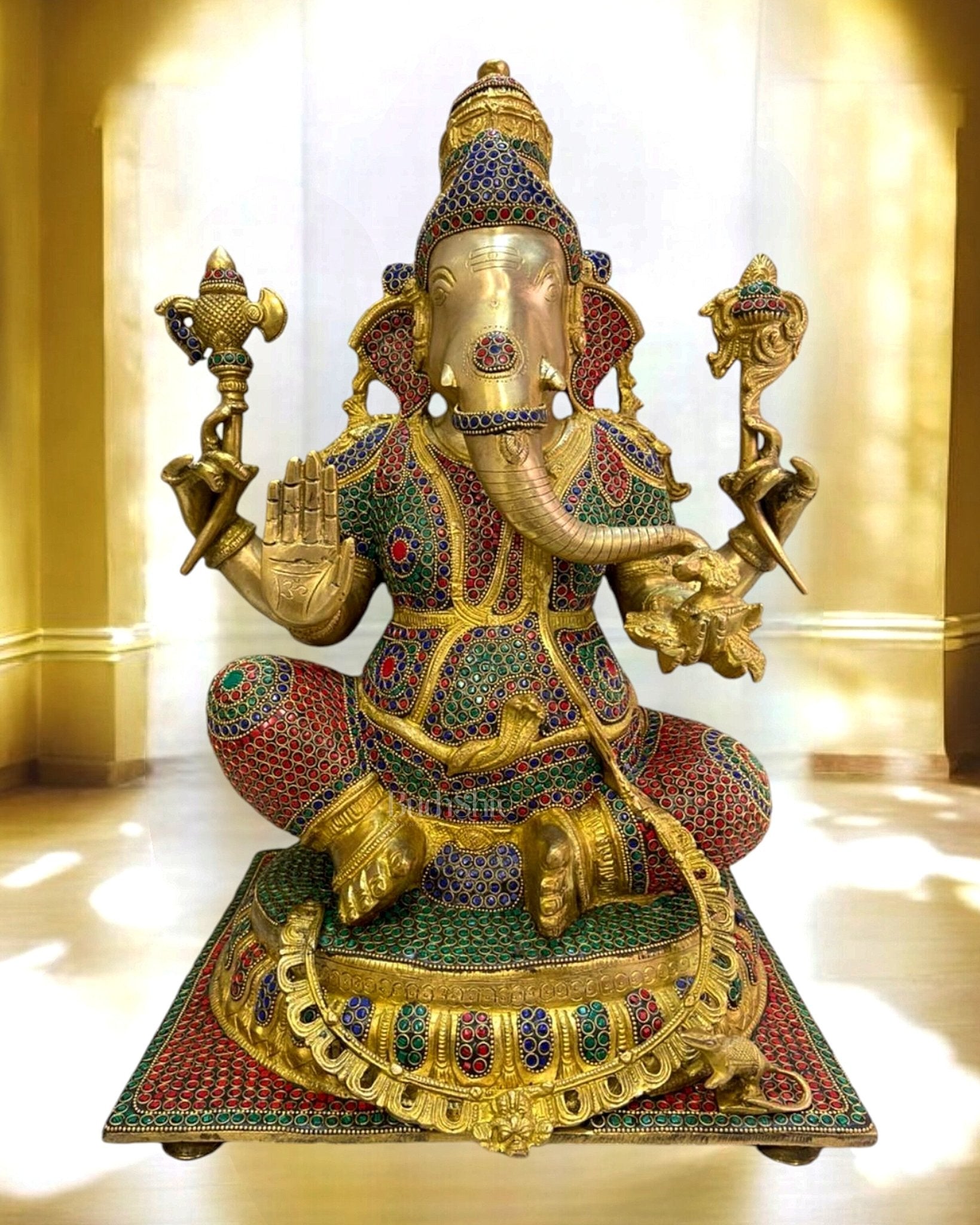 Brass Superfine Ganesha Statue with Sharp Features & Stonework - 20" height - Budhshiv.com
