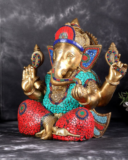 Brass Superfine Ganesha Statue with Stonework – 13.5 Inch - Budhshiv.com