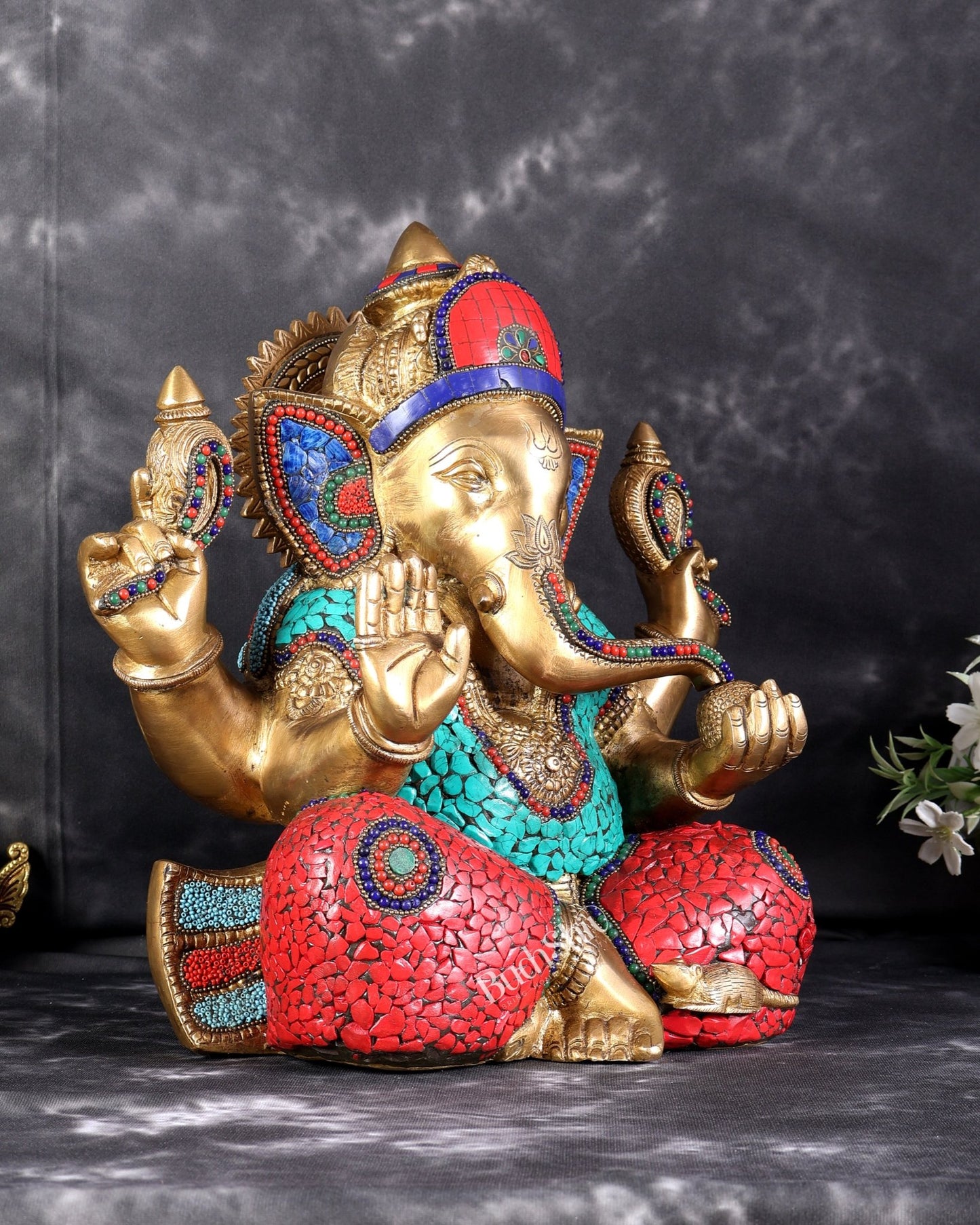 Brass Superfine Ganesha Statue with Stonework – 13.5 Inch - Budhshiv.com