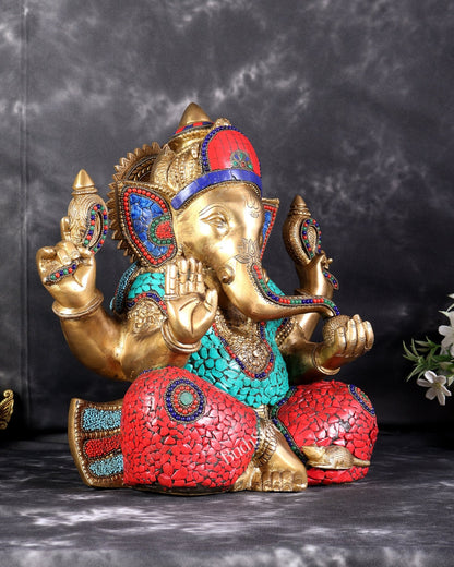 Brass Superfine Ganesha Statue with Stonework – 13.5 Inch - Budhshiv.com