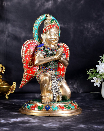 Brass Superfine Garuda Statue in Namaskar Mudra – 12.5 Inch with meenakari - Budhshiv.com