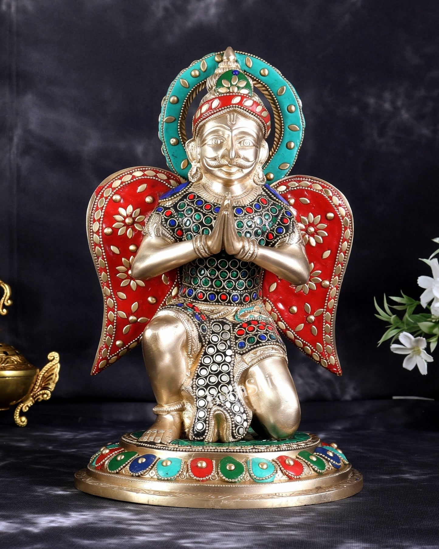 Brass Superfine Garuda Statue in Namaskar Mudra – 12.5 Inch with meenakari - Budhshiv.com
