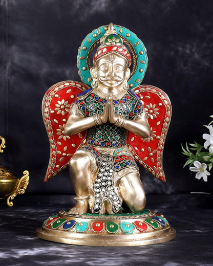 Brass Superfine Garuda Statue in Namaskar Mudra – 12.5 Inch with meenakari - Budhshiv.com
