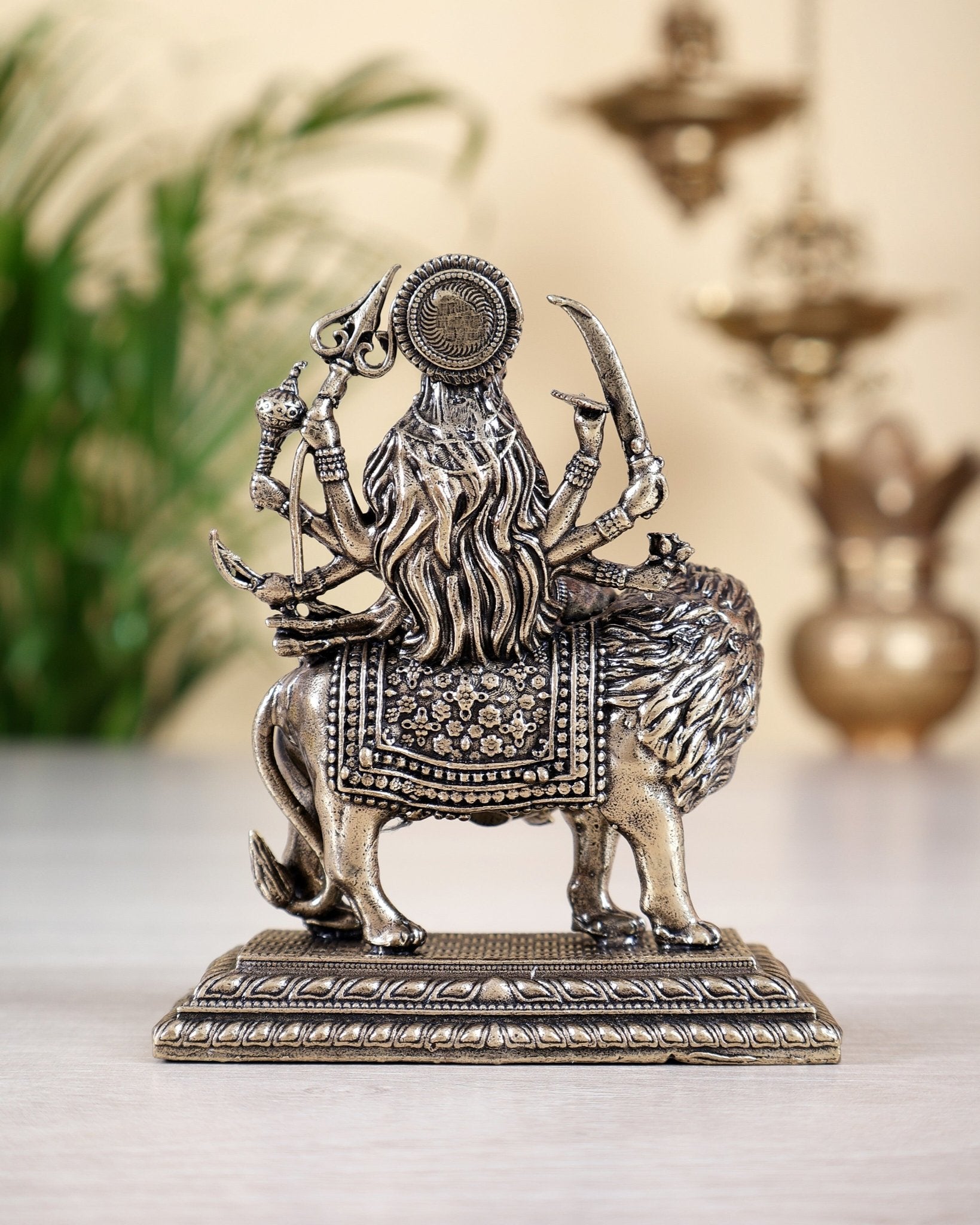 Brass Superfine Goddess Durga Ambe Mata on Lion Idol with Base 3.5 inch - Budhshiv.com