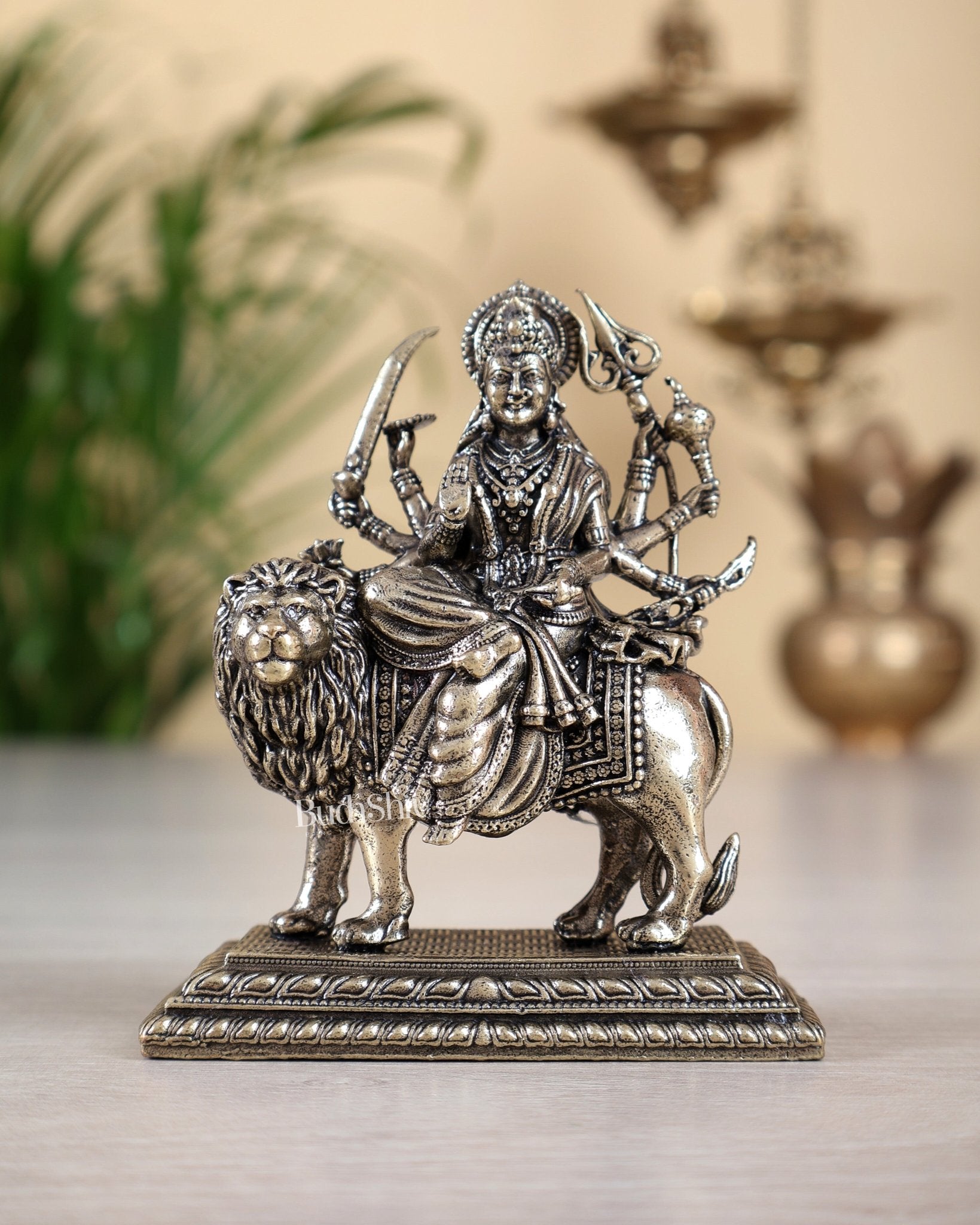 Brass Superfine Goddess Durga Ambe Mata on Lion Idol with Base 3.5 inch - Budhshiv.com