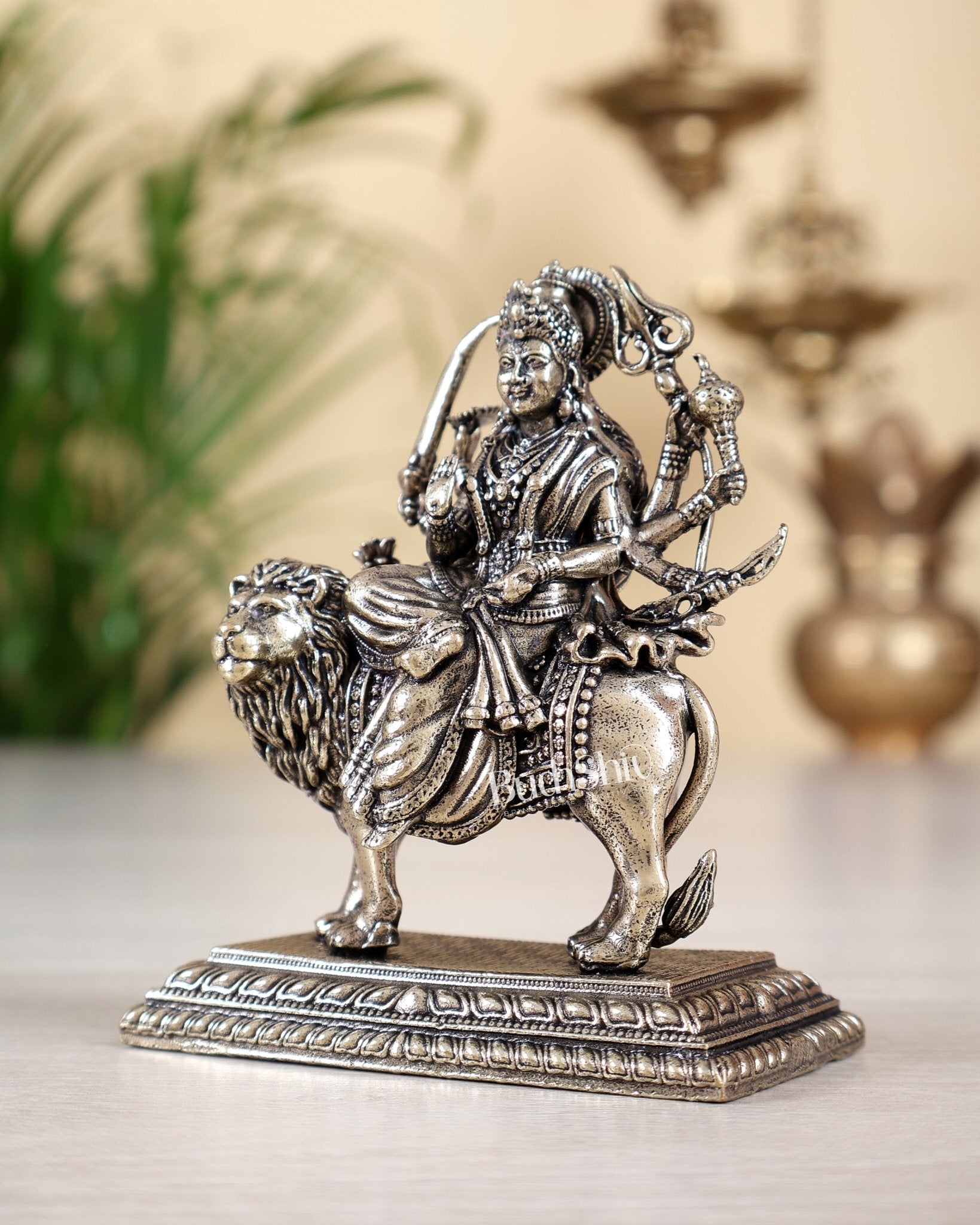 Brass Superfine Goddess Durga Ambe Mata on Lion Idol with Base 3.5 inch - Budhshiv.com