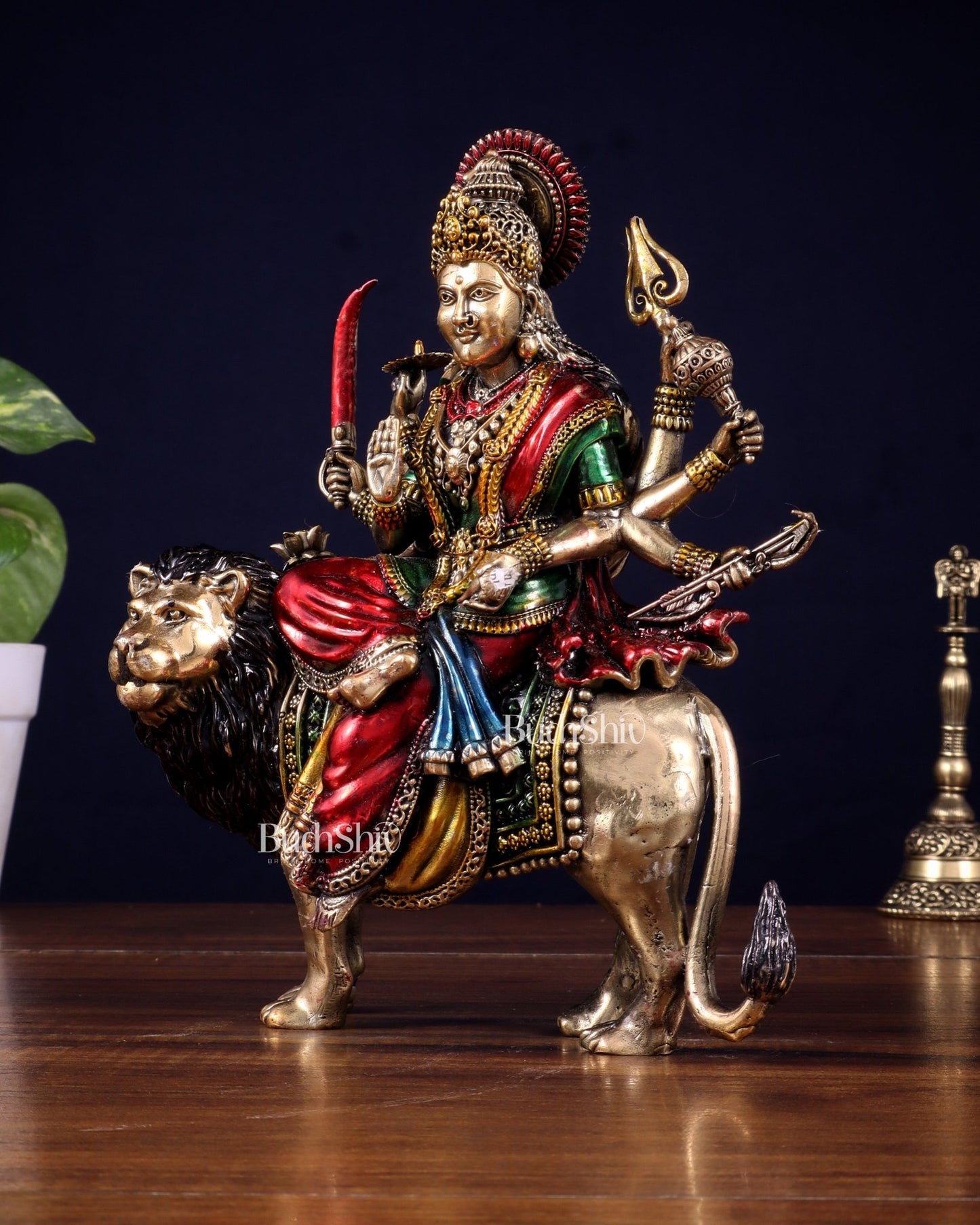 Brass Superfine Goddess Durga Ambe Mata Sitting on Lion - 8" Tall hand - painted - Budhshiv.com