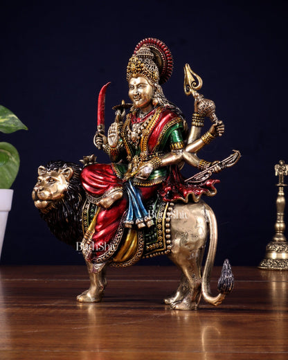 Brass Superfine Goddess Durga Ambe Mata Sitting on Lion - 8" Tall hand - painted - Budhshiv.com