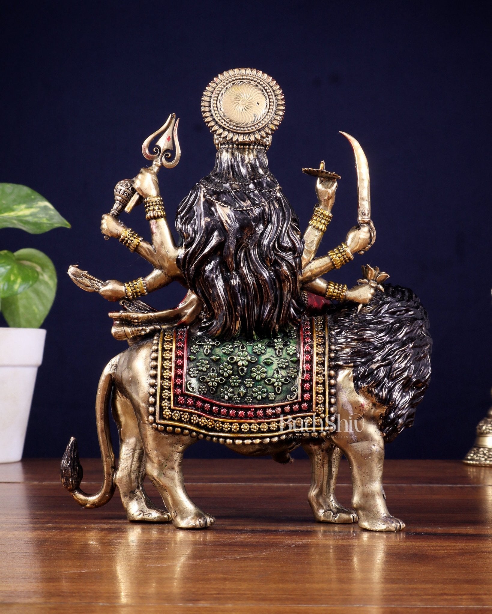 Brass Superfine Goddess Durga Ambe Mata Sitting on Lion - 8" Tall hand - painted - Budhshiv.com