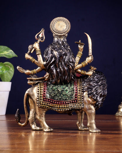 Brass Superfine Goddess Durga Ambe Mata Sitting on Lion - 8" Tall hand - painted - Budhshiv.com